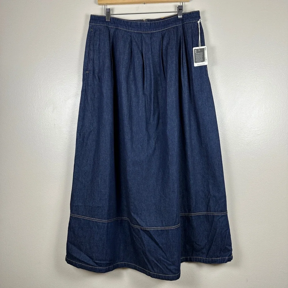 a.n.a Women's 16 Maxi Skirt Dark Wash Blue Pleated Denim High Waist Long NEW